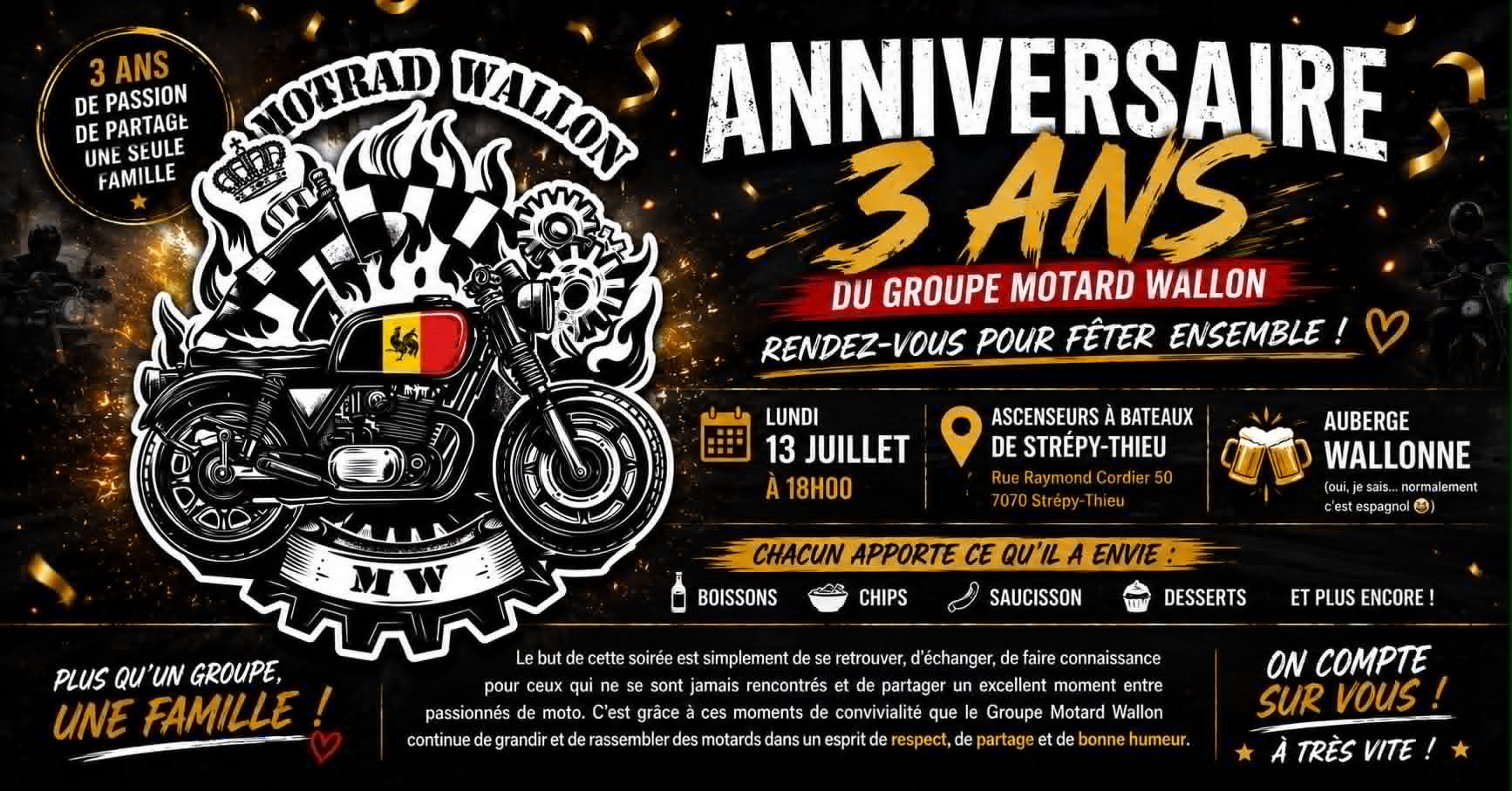 Affiche des 3 ans du Motard Wallon - 13 juillet à Strépy-Thieu