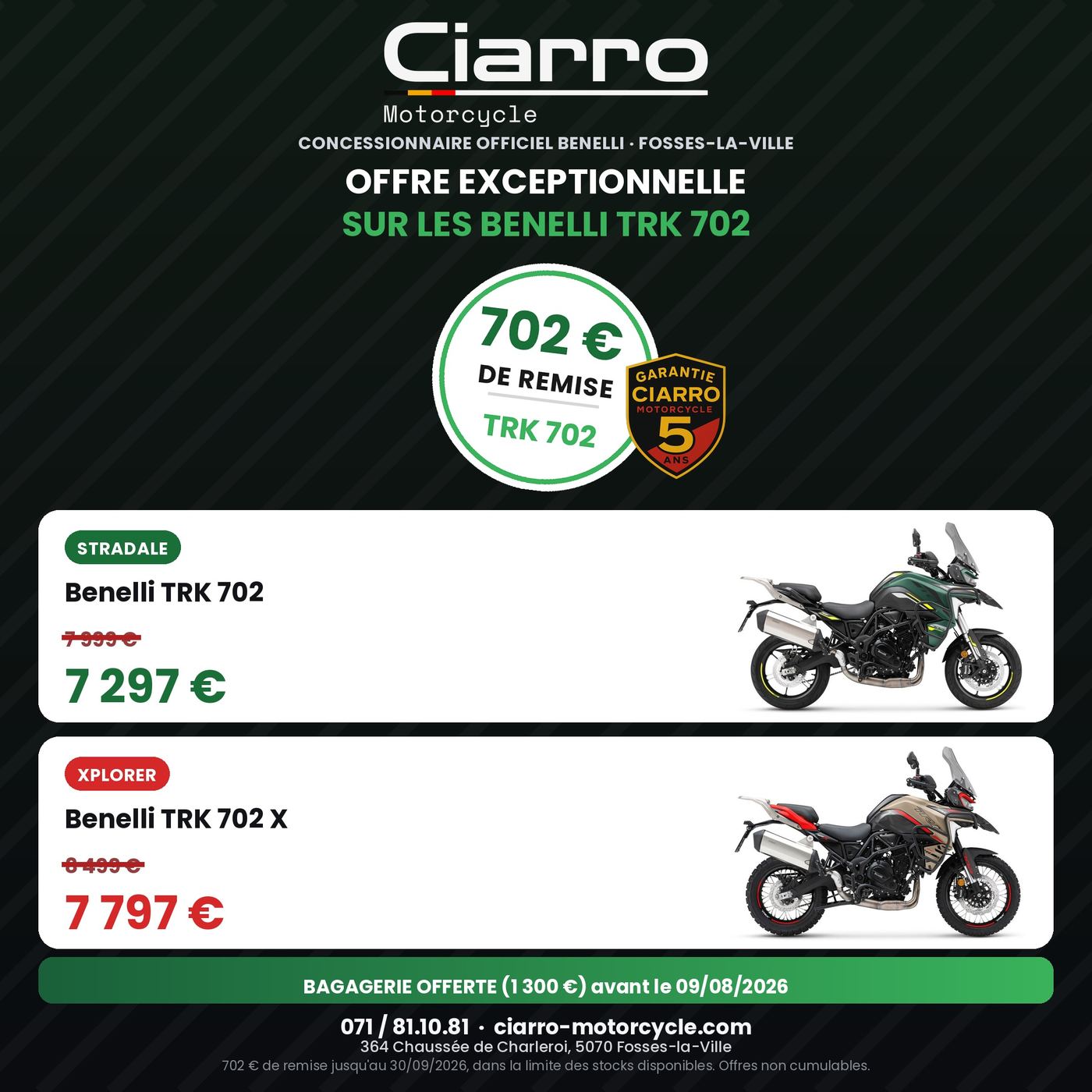 Offre exceptionnelle sur les Benelli TRK 702 - 702 € de remise chez Ciarro Motorcycle